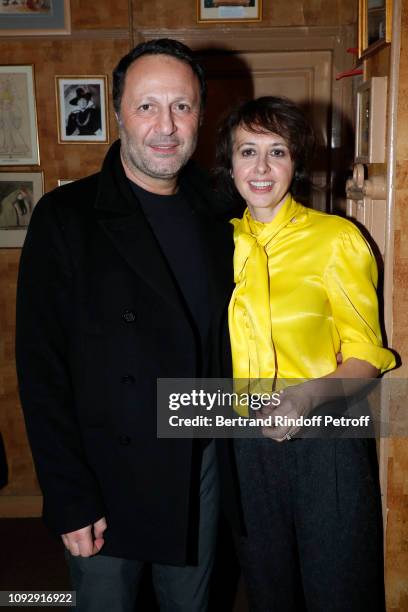 Host Arthur Essebag and actress of the piece Valerie Bonneton attend the "Huit Euros de l'heure" Theater Play at Theatre Antoine on January 11, 2019...