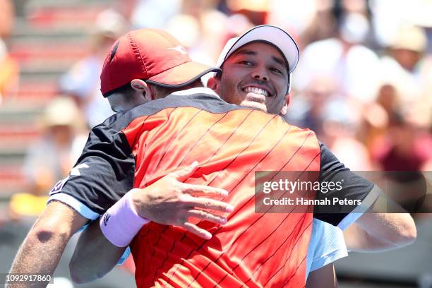 Ben McLachlan of Japan and Jan-Lennard Struff of Germany celebrate after winning the Mens Doubles final against Michael Venus of New Zealand and...