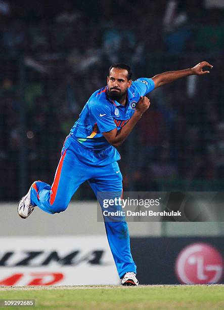 Yusuf Pathan of India bowls during the opening game of the ICC Cricket World Cup between Bangladesh and India at the Shere-e-Bangla National Stadium...