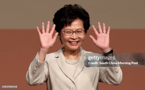 Carrie Lam Cheng Yuet-ngor celebrates on stage after winning the Hong Kong Chief Executive Election at The HK Exhibition and Convention Centre in Wan...