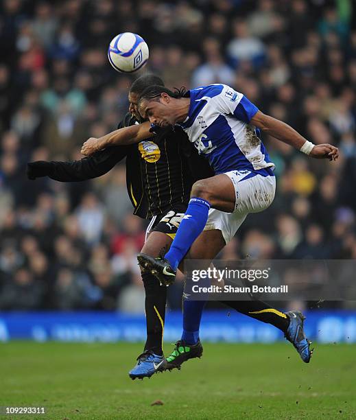 Cameron Jerome of Birmingham City is challenged by Reda Johnson of Sheffield Wednesday during the FA Cup Sponsored by e.on 5th Round match between...