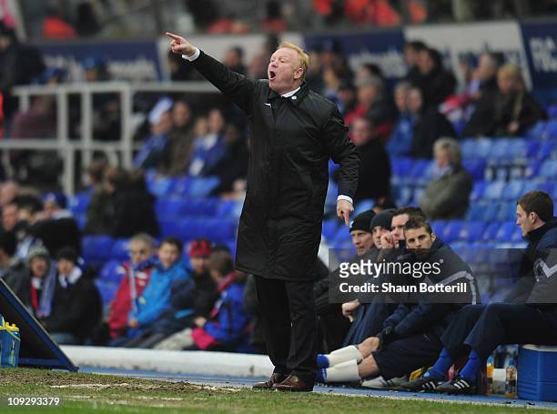 Alex McLeish the Birmingham City coach shouts instructions during the FA Cup Sponsored by e.on 5th Round match between Birmingham City and Sheffield...