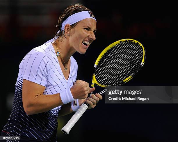 Svetlana Kuznetsova of Russia celebrates winning a point in her semi-final against Flavia Pennetta of Italy during day six of the Dubai Duty Free...