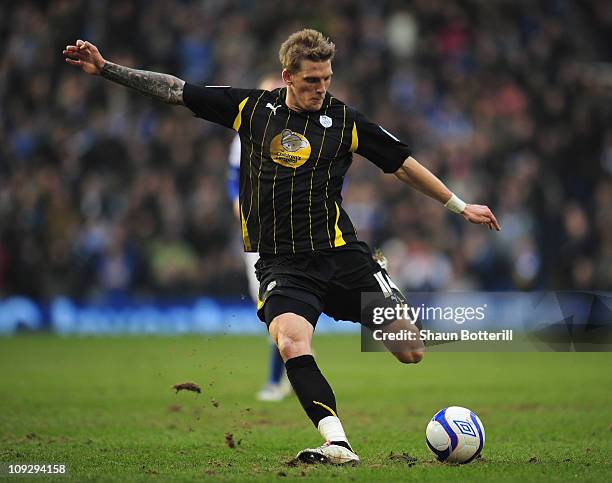 Daniel Jones of Sheffield Wednesday fires in a shot during the FA Cup Sponsored by e.on 5th Round match between Birmingham City and Sheffield...