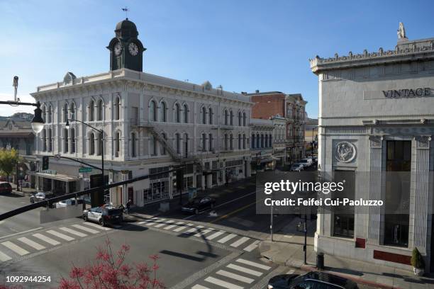 downtown street and bank buildings at petaluma, california, usa - sonoma california stock pictures, royalty-free photos & images