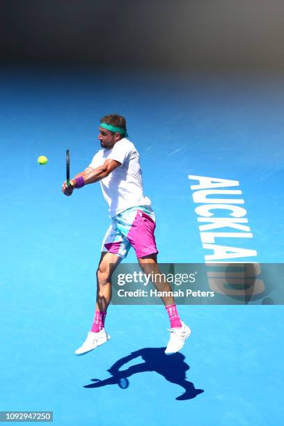 Tennys Sandgren of USA plays a backhand during the Men's final match against Cameron Norrie of Great Britain during the 2019 ASB Classic at the ASB...