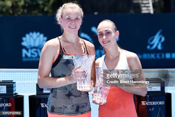 Aleksandra Krunic of Serbia and Katerina Siniakova of Czech Rebpublic pose with their trophy after winning the Womens Doubles Final during day seven...
