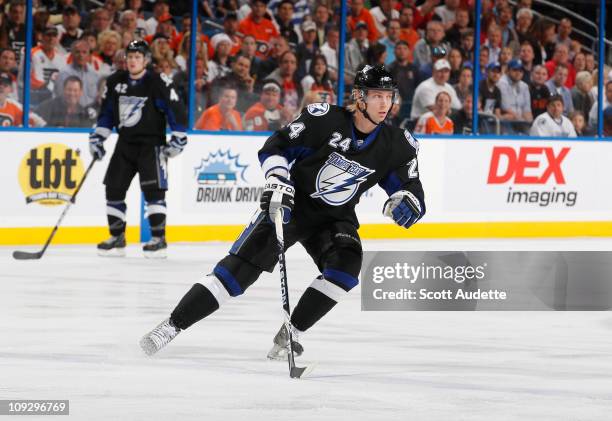 Johan Harju of the Tampa Bay Lightning skates to the puck during the game against the Philadelphia Flyers at the St. Pete Times Forum on February 15,...