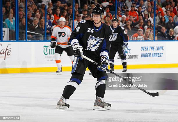 Johan Harju of the Tampa Bay Lightning waits for the pass during the game against the Philadelphia Flyers at the St. Pete Times Forum on February 15,...