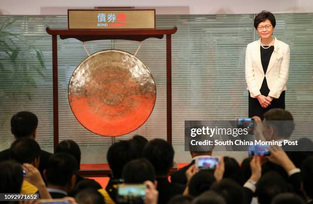 Hong Kong Chief Executive Carrie Lam Cheng Yuet-ngor at the Bond Connect Launch Ceremony and Investor Forum at One and Two Exchange Square in...