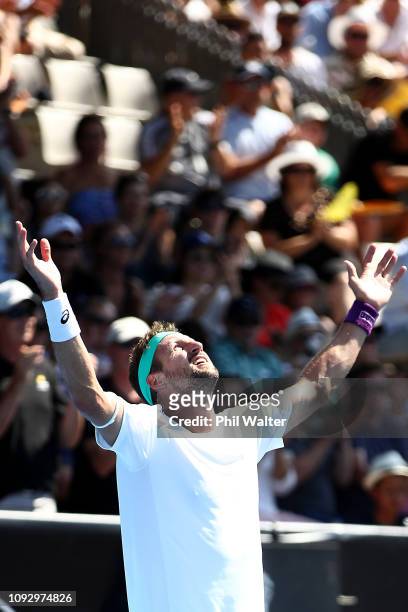 Tennys Sandgren of the USA celebrates winning his Mens Singles Final against Cameron Norrie of Great Britain during the 2019 ASB Classic at the ASB...
