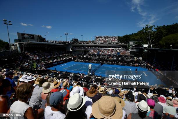 General view between Tennys Sandgren of USA and Cameron Norrie of Great Britain during the Men's final match during the 2019 ASB Classic at the ASB...