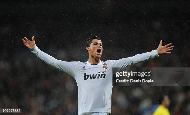 Cristiano Ronaldo of Real Madrid reacts during the La Liga match between Real Madrid and Levante at Estadio Santiago Bernabeu on February 19, 2011 in...