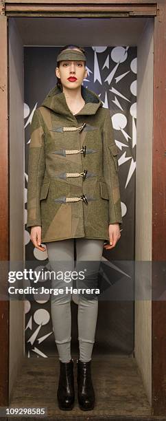 Model showcases the Christopher Raeburn A/W 2011 collection during London Fashion Week on February 19, 2011 in London, England.