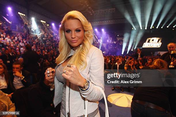 Gina-Lisa Lohfink poses at the ring before the title fight of German WBA champion Felix Sturm and challenger Ronald Hearns of the U.S. At...