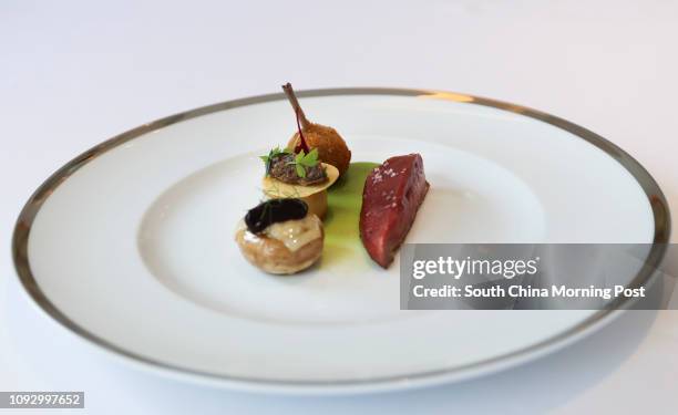 Royal pigeon au sang with duxelle, cherries, petits pois by Le Pan, at Goldin Financial Global Centre, Kowloon Bay. 07AUG17 SCMP / Roy Issa...