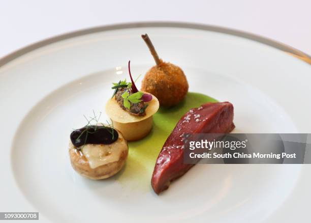 Royal pigeon au sang with duxelle, cherries, petits pois by Le Pan, at Goldin Financial Global Centre, Kowloon Bay. 07AUG17 SCMP / Roy Issa...