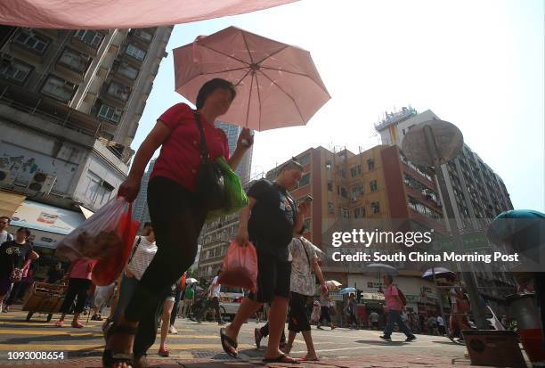 Woman use umbrellas for protection from the sun in Tuen Mun. 21AUG17 SCMP / K. Y. Cheng