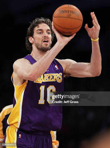Pau Gasol of the Los Angeles Lakers and playing for Team Los Angeles competes in the Haier Shooting Stars Competition apart of NBA All-Star Saturday...