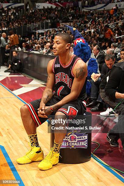 Derrick Rose of the Chicago Bulls awaits his turn during the Taco Bell Skills Challenge as part of 2011 NBA All-Star Saturday Night presented by...