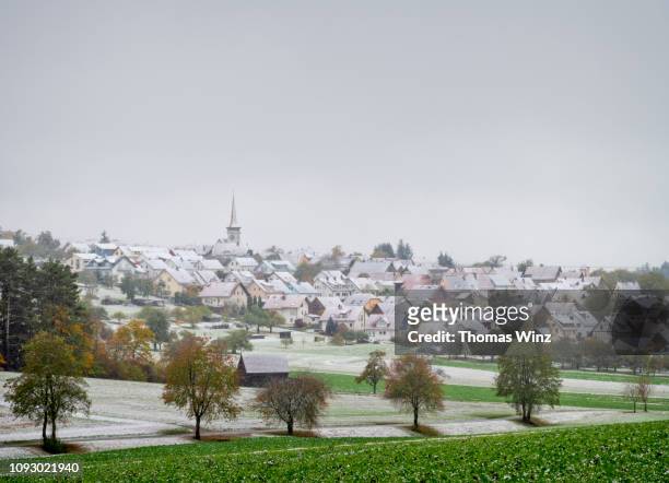 snow covered roofs and agricultural fields - autumn frost stock pictures, royalty-free photos & images