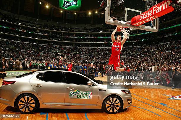 Blake Griffin of the Los Angeles Clippers dunks over a Kia during the Sprite Slam Dunk Contest as part of 2011 NBA All-Star Saturday Night presented...