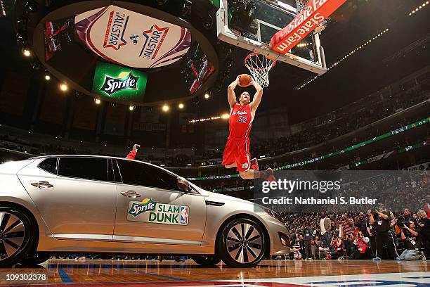 Blake Griffin of the Los Angeles Clippers dunks over a Kia during the Sprite Slam Dunk Contest as part of 2011 NBA All-Star Saturday Night presented...