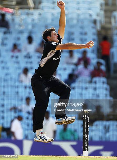 Hamish Bennett of New Zealand in action during the 2011 ICC World Cup Group A match between Kenya and New Zealand at M. A. Chidambaram Stadium on...