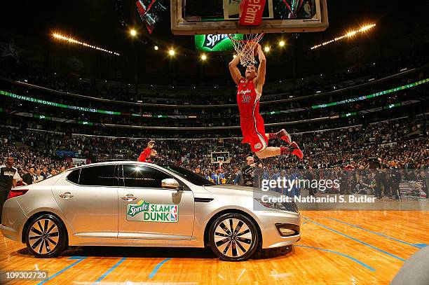 Blake Griffin of the Los Angeles Clippers dunks over a Kia during the Sprite Slam Dunk Contest as part of 2011 NBA All-Star Saturday Night presented...