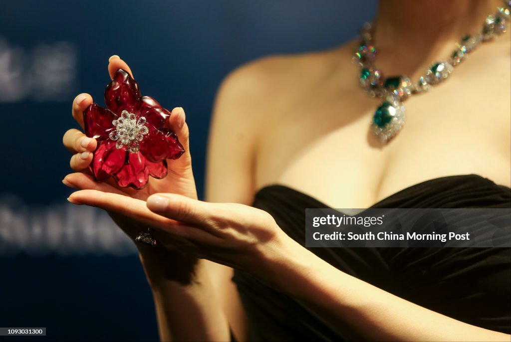 Impressive rubellite and diamond brooch/pendant, "Orchid", Cartier, 2011 shown at Sotheby's Hong Kong Magnificent Jewels and Jadeite Autumn Sale Media Preview at One Pacific Place in Admiralty. 12SEP17 SCMP / Xiaomei Chen