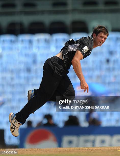 New Zealand cricketer Hamish Bennett bowls during the second match in the World Cup Cricket tournament between Kenya and New Zealand at The M.A....