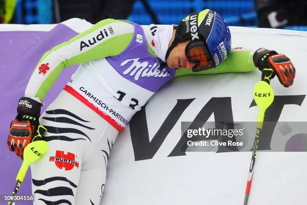 Felix Neureuther of Germany reacts in the finish area after skiing in the Men's Slalom during the Alpine FIS Ski World Championships on the Gudiberg...