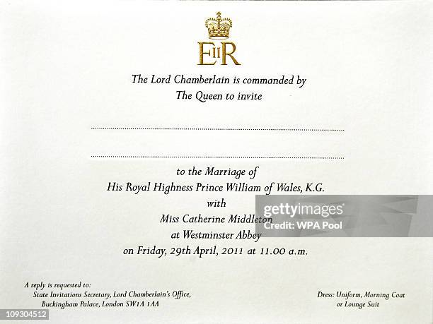 Prince William and Kate Middleton's wedding invitation as they are prepared for postage at Buckingham Palace, on February 16, 2011 in London,...