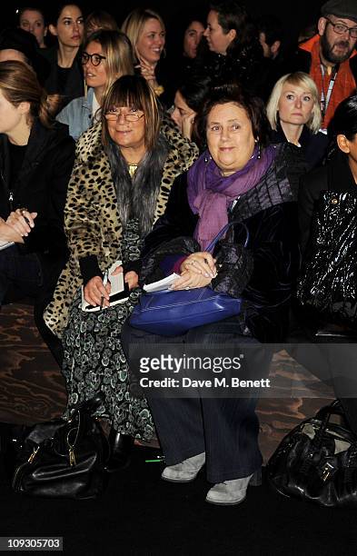 Hilary Alexander and Suzy Menkes sit in the front row at the Mulberry Salon Show at London Fashion Week Autumn/Winter 2011 at Claridge's Hotel on...