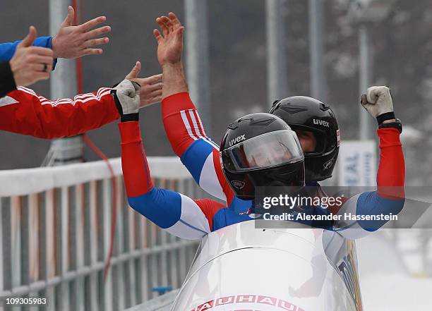 Pilot Alexandr Zubkov and Alexey Voevoda of Team Russia 1 celebrates victory after the final run of the men's Bobsleigh World Championship on...