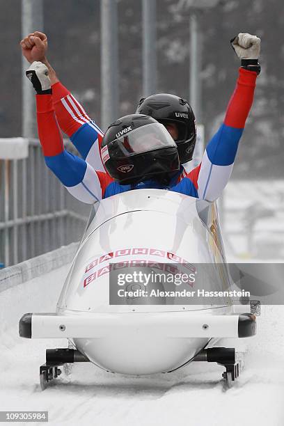 Pilot Alexandr Zubkov and Alexey Voevoda of Team Russia 1 celebrates victory after the final run of the men's Bobsleigh World Championship on...
