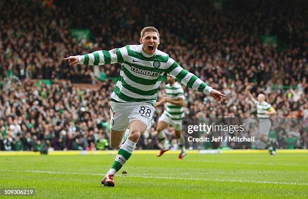 Gary Hooper of Celtic celebrates after scoring his first goal during the Clydesdale Bank Premier League match between Celtic and Rangers at Celtic...