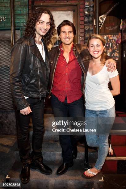 Actors Constantine Maroulis, Tom Cruise and Rebecca Faulkenberry pose onstage for "Rock of Ages" at the Pantages Theatre on February 19, 2011 in...