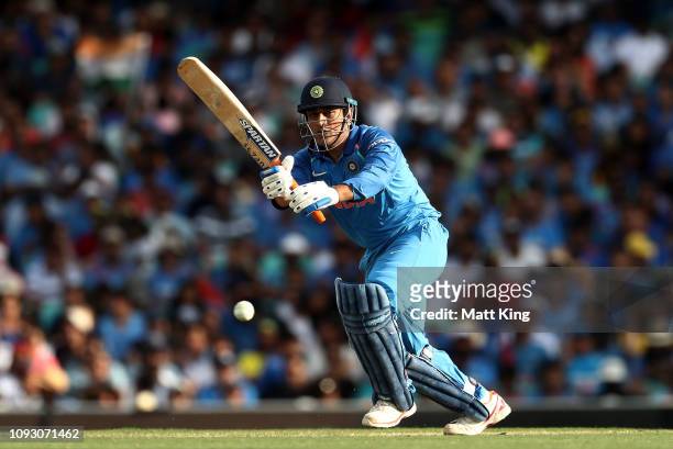 Dhoni of India bats during game one of the One Day International series between Australia and India at Sydney Cricket Ground on January 12, 2019 in...