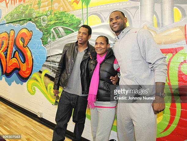 Jay-Z, Gloria James, and LeBron James attend the groundbreaking ceremonies for the renovated gymnasium at the Local Boys & Girls Club Of L.A. As part...