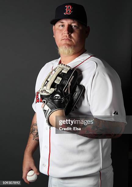 Bobby Jenks of the Boston Red Sox poses for a portrait during the Boston Red Sox Photo Day on February 20, 2011 at the Boston Red Sox Player...