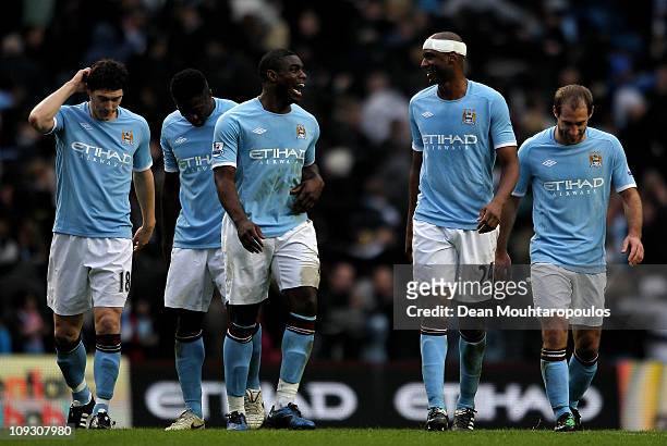 Micah Richards of Manchester City celebrates scoring the fifth goal with Patrick Vieira during the FA Cup sponsored by E.On 4th Round replay match...