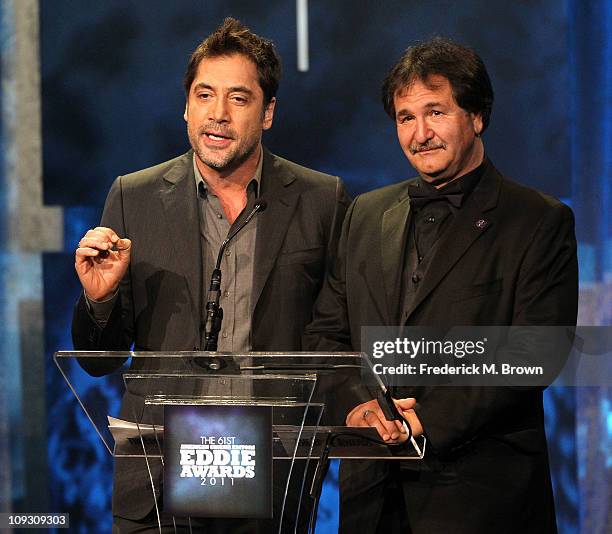 Actor Javier Bardem and Editor's Guild President, Danny Cahn speak during the 61st annual ACE Eddie Awards at the Beverly Hilton Hotel on February...