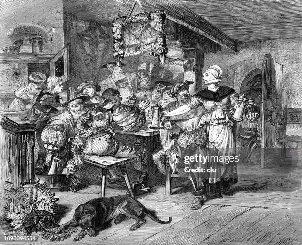 mercenaries drinking in a restaurant - drinking beer outside stock illustrations