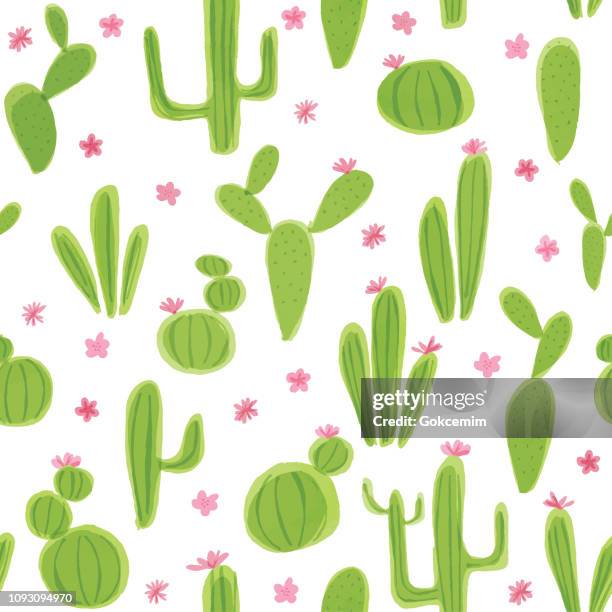 ilustraciones, imágenes clip art, dibujos animados e iconos de stock de patrón sin fisuras con nopales acuarela. variedad de diferentes tipos de cactus, dibujado a mano - cacto