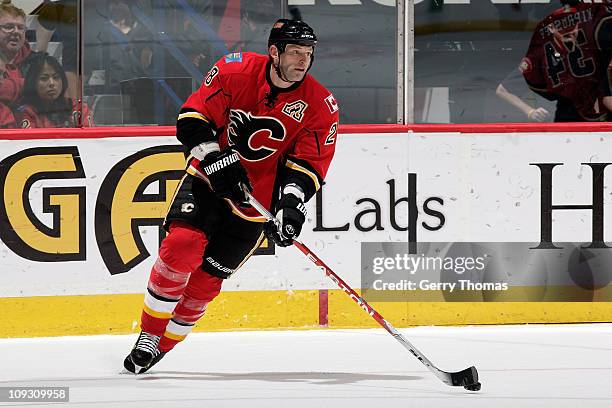 Robyn Regehr of the Calgary Flames skates against the Anaheim Ducks on February 11, 2011 at the Scotiabank Saddledome in Calgary, Alberta, Canada....