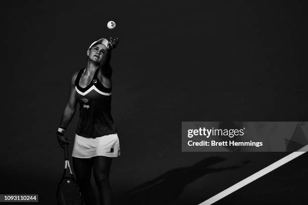 Ashleigh Barty of Australia serves in her Womens Finals match against Petra Kvitova of Czech Republic during day seven of the 2019 Sydney...