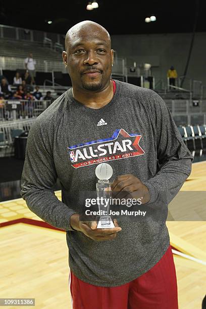 Legend Mitch Ritchmond wins the Legends Shootout on center court at Jam Session presented by Adidas during NBA All Star Weekend at the Los Angeles...