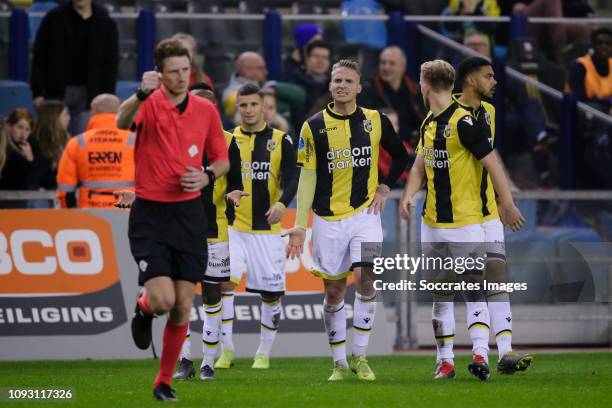 Referee Martin van den Kerkhof , Alexander Buttner of Vitesse during the Dutch Eredivisie match between Vitesse v SC Heerenveen at the GelreDome on...