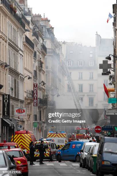 Emergency services attend a huge explosion which occurred in a bakery in Rue de Trévise in the 9th Arrondissement on January 12, 2019 in Paris,...